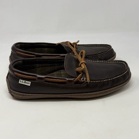 LL Bean Slippers Mens 9 M Brown Leather Flannel Lined Handsewn Moccasin Shoes - Picture 3 of 16
